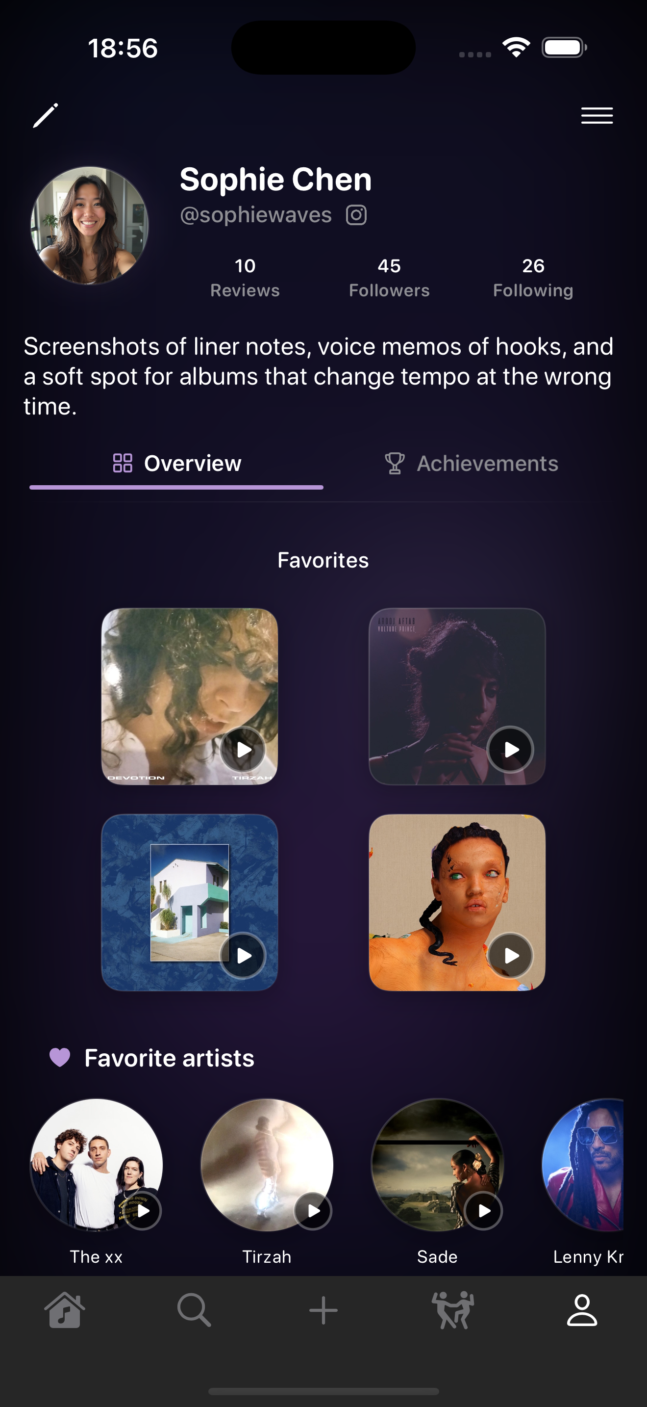 A Zumy profile page on iOS: Sophie Chen, ten reviews, with a Favorites grid of four album covers and a row of favorite artists below.
